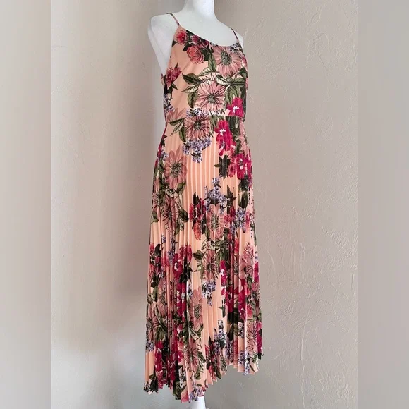NWT Leith Coral and Pink Floral Midi Dress with Pleated Skirt M - Picture 2 of 15